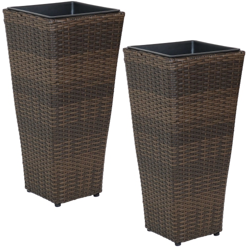 Sunnydaze 24 in Polyrattan Tall Square Planter - Brown - Set of 2
