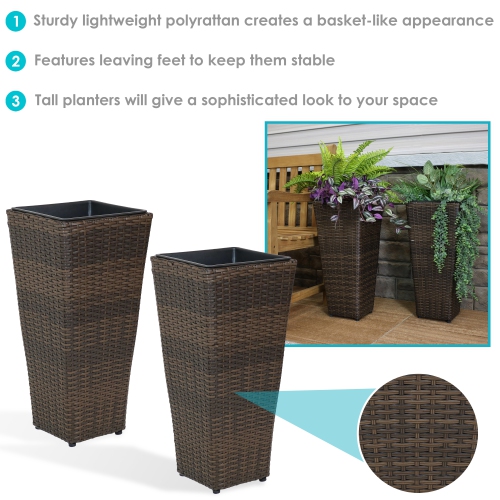 Sunnydaze 24 in Polyrattan Tall Square Planter - Brown - Set of 2