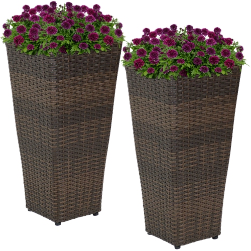 Sunnydaze 24 in Polyrattan Tall Square Planter - Brown - Set of 2