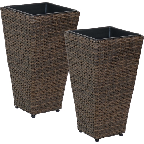 Sunnydaze 20 in Polyrattan Tall Square Planter - Brown - Set of 2