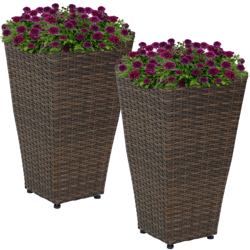 Sunnydaze 20 in Polyrattan Tall Square Planter - Brown - Set of 2