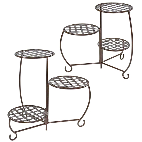 Sunnydaze 3-Tier Triple Plant Stand with Checkered Base - 24 in - Set of 2