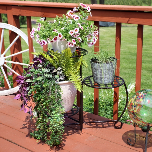 Sunnydaze 3-Tier Triple Plant Stand with Checkered Base - 24 in - Set of 2