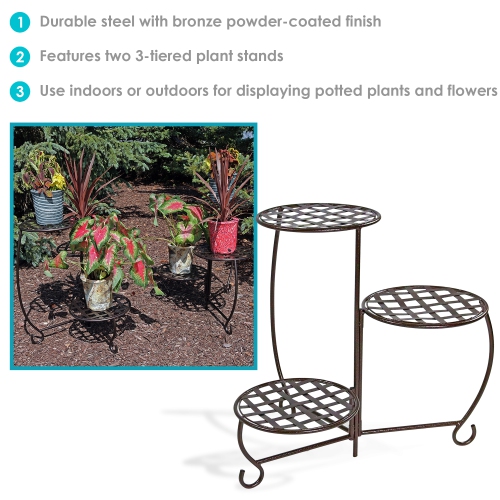 Sunnydaze 3-Tier Triple Plant Stand with Checkered Base - 24 in - Set of 2