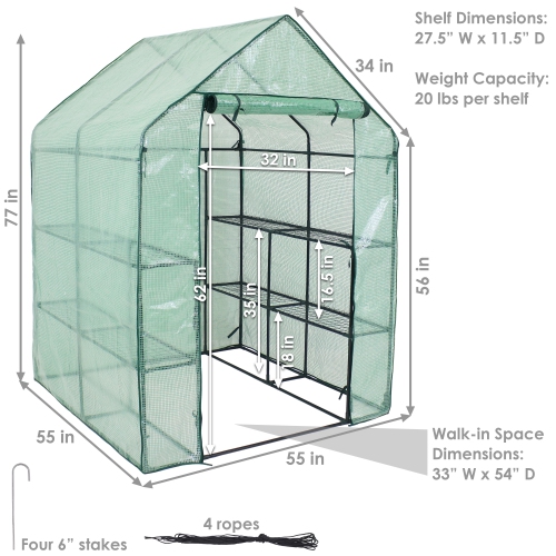 Sunnydaze Large Steel PE Cover Walk-In Greenhouse with 4 Shelves - Green