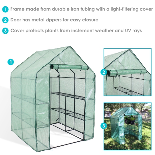 Sunnydaze Large Steel PE Cover Walk-In Greenhouse with 4 Shelves - Green