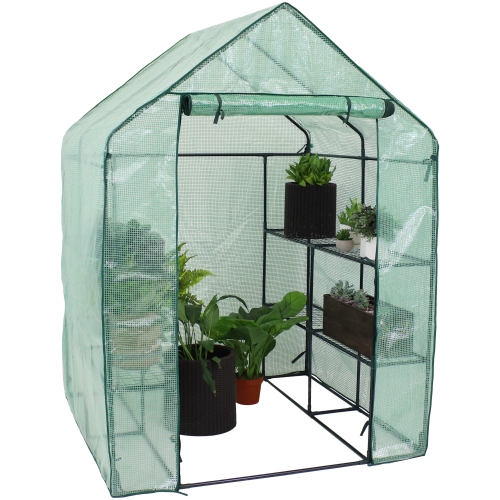 Sunnydaze Large Steel PE Cover Walk-In Greenhouse with 4 Shelves - Green