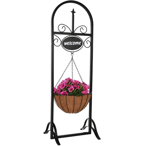 Sunnydaze Black Iron Frame Hanging Basket Planter with Welcome Sign - 48 in