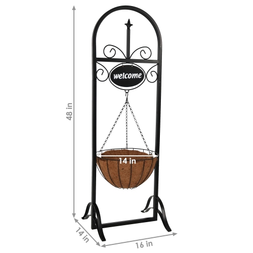 Sunnydaze Black Iron Frame Hanging Basket Planter with Welcome Sign - 48 in