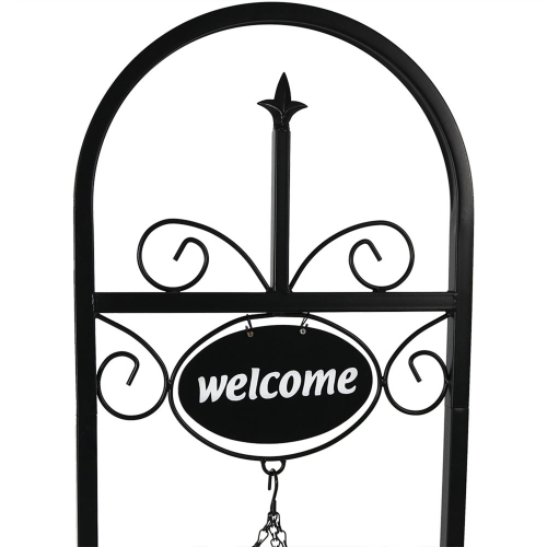 Sunnydaze Black Iron Frame Hanging Basket Planter with Welcome Sign - 48 in
