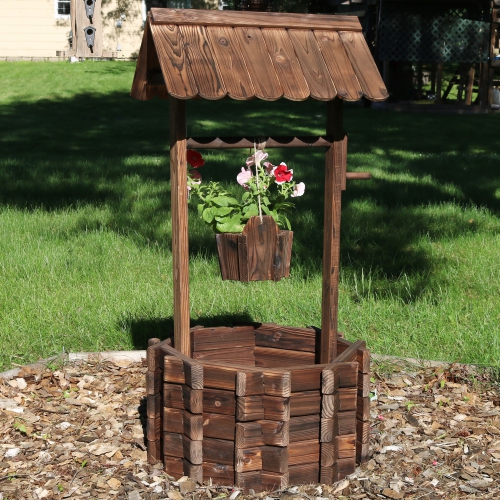 Sunnydaze 45 in 2-Tier Wooden Fir Wishing Well Hanging Garden Planter