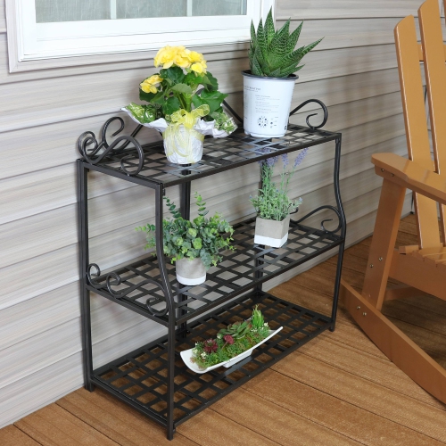 Sunnydaze Black Iron 3-Tier Plant Stand Shelf with Scroll Edging - 30 in