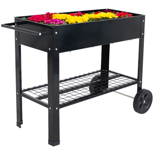 Sunnydaze 43 in Galvanized Steel Mobile Raised Garden Bed Cart - Black