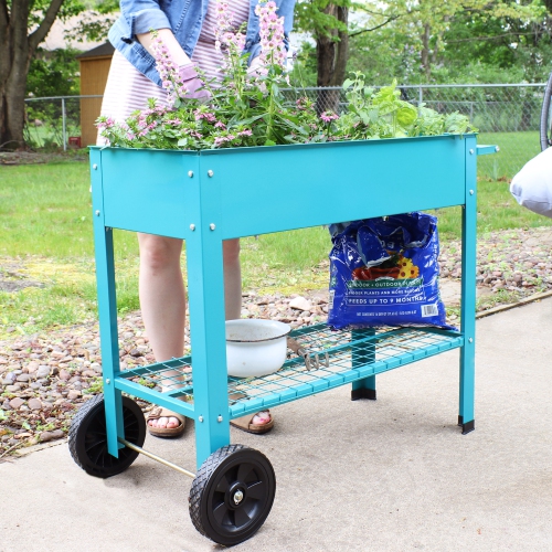 Sunnydaze 43 in Galvanized Steel Mobile Raised Garden Bed Cart - Blue