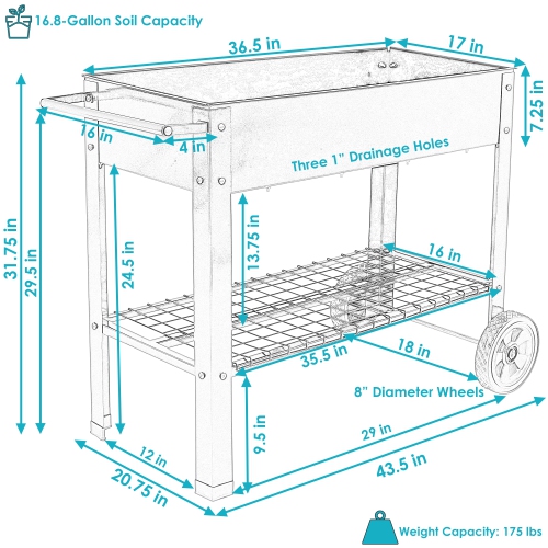 Sunnydaze 43 in Galvanized Steel Mobile Raised Garden Bed Cart - Blue