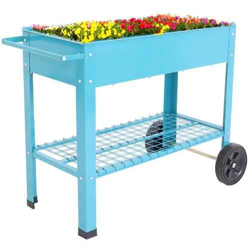 Sunnydaze 43 in Galvanized Steel Mobile Raised Garden Bed Cart - Blue