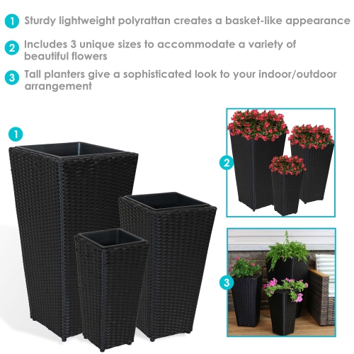 Sunnydaze Polyrattan Tall Square Planter - 9 in, 11.5 in, 15 in - Set of 3