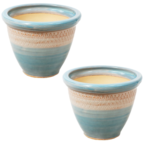 Sunnydaze Purlieu Ceramic Planter - 12" - Shoreline - Set of 2