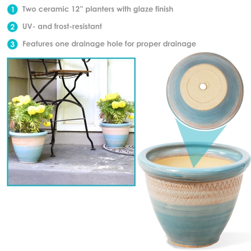 Sunnydaze Purlieu Ceramic Planter - 12" - Shoreline - Set of 2