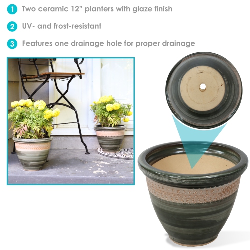 Sunnydaze Purlieu Ceramic Planter - 12" - Tempest - Set of 2