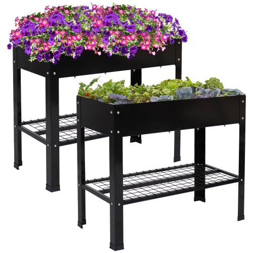 Sunnydaze Galvanized Steel Raised Bed with Mesh Shelf - Black - Set of 2