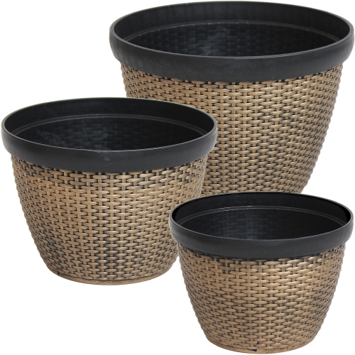 Sunnydaze Resin Basketweave Outdoor Planter 12 in, 13 in, 15 in - Set of 3
