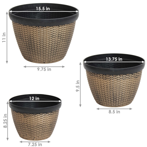Sunnydaze Resin Basketweave Outdoor Planter 12 in, 13 in, 15 in - Set of 3