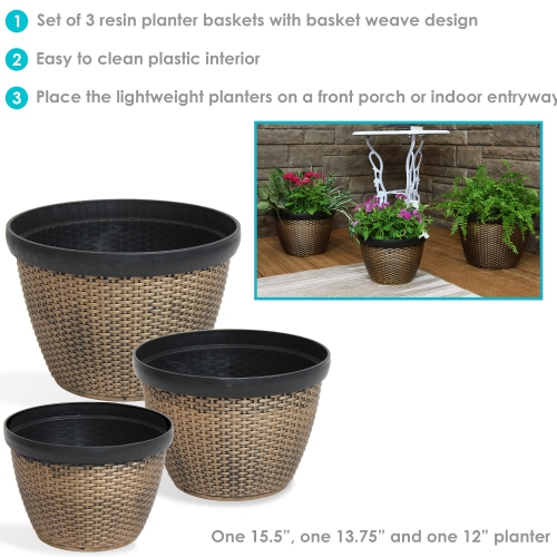 Sunnydaze Resin Basketweave Outdoor Planter 12 in, 13 in, 15 in - Set of 3