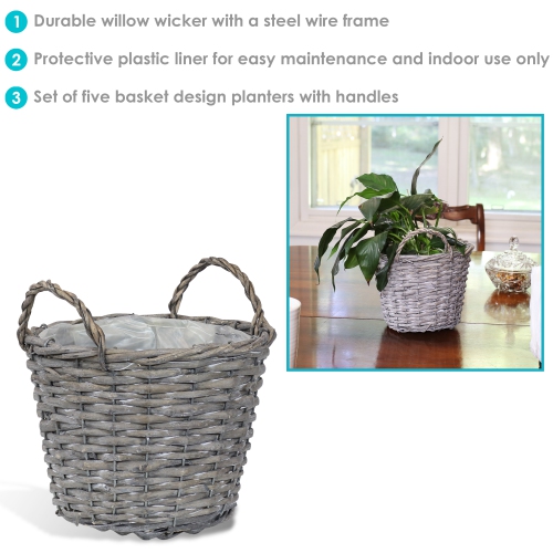 Sunnydaze 8 in Rattan Wicker Basket Planters with Handles/Lining - Set of 5