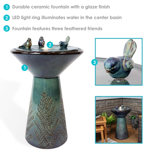 Sunnydaze Gathering Birds Ceramic Outdoor Fountain with LED Lights - 28 in
