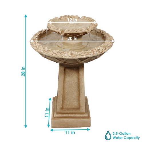 Sunnydaze Beveled Flower Polyresin Outdoor 2-Tier Bird Bath Fountain