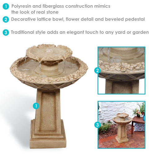 Sunnydaze Beveled Flower Polyresin Outdoor 2-Tier Bird Bath Fountain