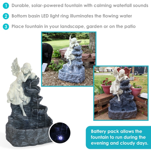 Sunnydaze Angel Falls Solar Water Fountain with Battery/LED Lights - 29 in