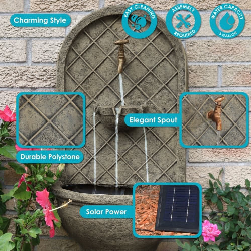 Sunnydaze Messina Outdoor Solar Wall Fountain with Battery - Limestone