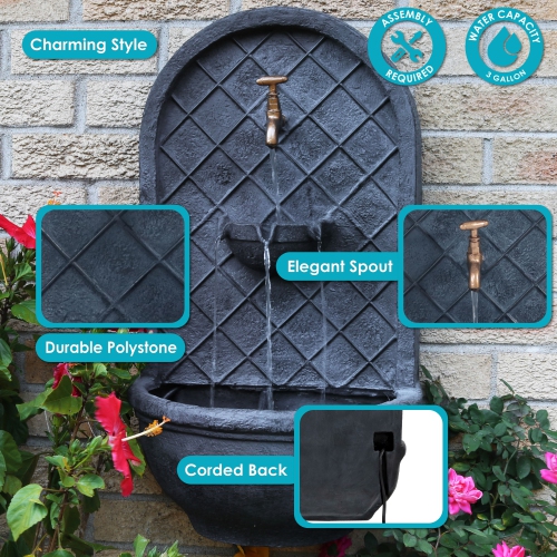 Sunnydaze Messina Outdoor Solar Wall Fountain with Battery - Lead