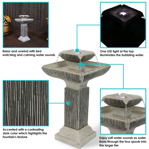 Sunnydaze Square Resin Outdoor 2-Tier Bird Bath Water Fountain with Lights