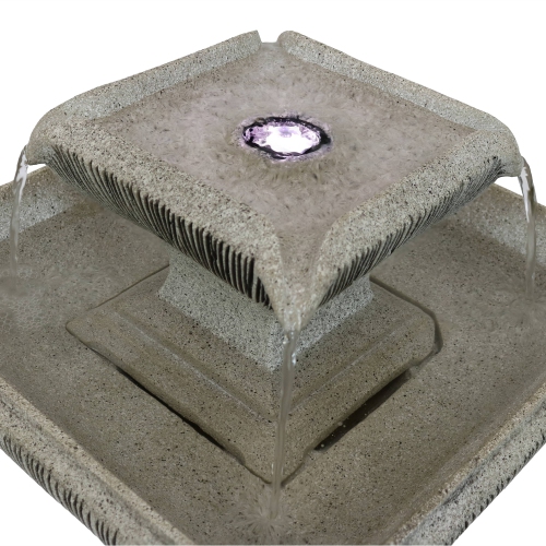 Sunnydaze Square Resin Outdoor 2-Tier Bird Bath Water Fountain with Lights