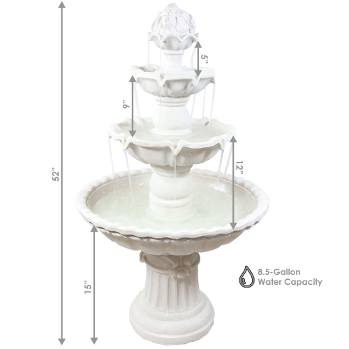 Sunnydaze – Fontaine d’eau extérieure à 3 étages avec dessus à fruits - Blanc - 52 po