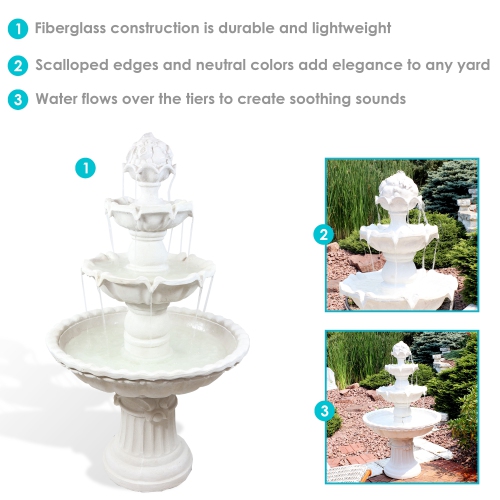 Sunnydaze – Fontaine d’eau extérieure à 3 étages avec dessus à fruits - Blanc - 52 po