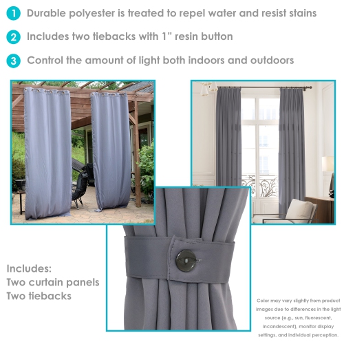 Sunnydaze Outdoor Blackout Curtain Panel - Gray - 52 in x 120 in - Set of 2