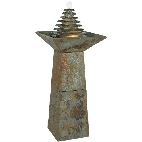 Sunnydaze Layered Slate Pyramid Water Fountain with LED Lights - 40 in