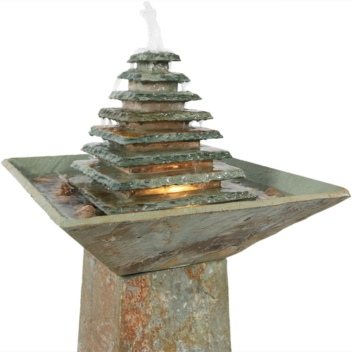 Sunnydaze Layered Slate Pyramid Water Fountain with LED Lights - 40 in