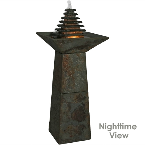 Sunnydaze Layered Slate Pyramid Water Fountain with LED Lights - 40 in
