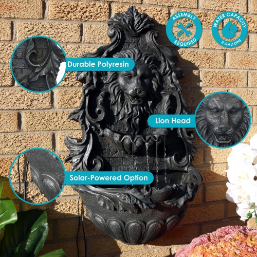 Sunnydaze Stoic Courage Lion Head Polyresin Outdoor Solar Wall Fountain