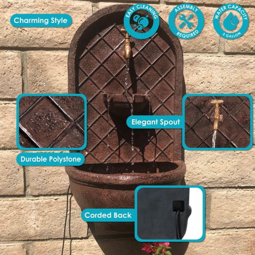 Sunnydaze Messina Polystone Outdoor Wall Fountain - Bronze