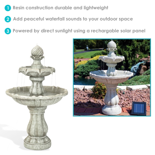 Sunnydaze Resin Outdoor 2-Tier Solar Water Fountain with Battery - White
