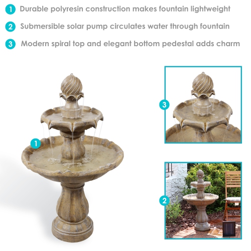 Sunnydaze Resin Outdoor 2-Tier Solar Water Fountain with Battery - Earth