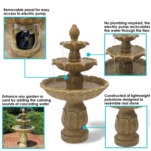 Sunnydaze Classic Tulip Polystone Outdoor 3-Tier Fountain - Stone