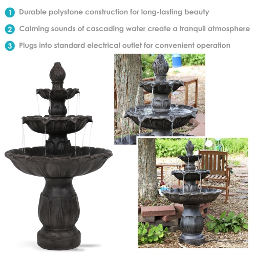 Sunnydaze Classic Tulip Polystone Outdoor 3-Tier Fountain - Dark Brown