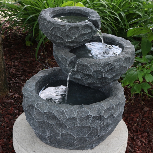 Sunnydaze 3-Tier Chiseled Basin Solar Water Fountain with Battery - 17 in